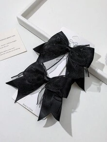 2pcs Dark Glittery Tulle Satin Bow Hair Clips, Sweet Cool Girl Side Alligator Hair Clips, Atmospheric Hair Accessory - Black - View 2