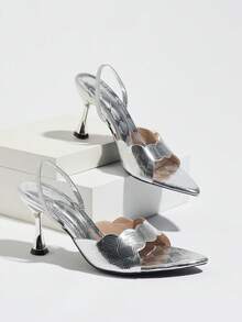 Sandalias de tacón alto para mujer, primavera/verano, fiesta nocturna, baile de gala, exterior, moda de alta gama, tacón de copa de vino, tacón alto delgado, punta puntiaguda, estampado de lagarto brillante, tela, una tira, sexy, elegante, tira trasera, ajuste cómodo para mujer, cualquier ocasión formal, color champán, sandalias formales versátiles - Plateado - Ver 7
