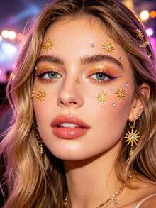 1pc Sun Theme DIY Face Jewels, Multicolor Crystal Decor 3D Gold Foil Rhinestone Stickers, Self-Adhesive Festival Face Jewelry For Music Festival, Summer Party, Halloween, Carnival, Photography, Wedding Events And Bohemian Theme Occasions - Multicolor - View 3