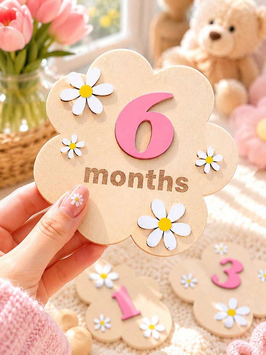 1-12 Months Wooden Flower Monthly Milestone Cards Baby Growth Record Photo Atmosphere Props ,Newborn Memorial Photo Prop, Double-Sided Mileage - Calendar Poster - View 1