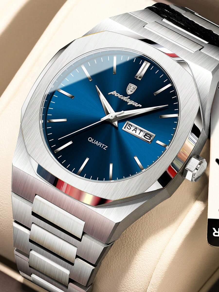 POEDAGAR 1pc Man Stainless Steel Business Date Week Quartz Watch, Fashion Waterproof Luminous Watches For Men, Suitable For Daily Occasions, Men's Gifts