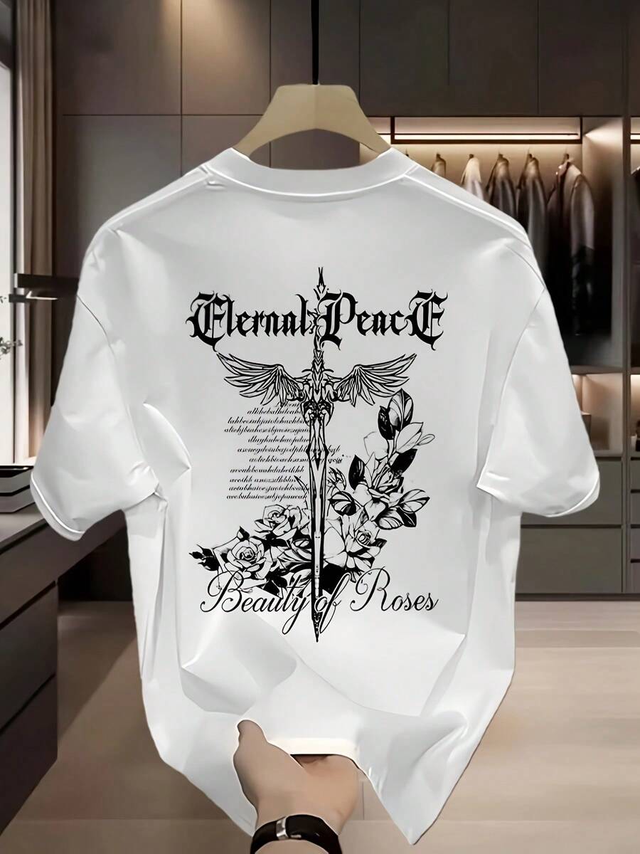 Men's Gold Stamping T Shirt - Gothic Style"Eternal Peace"And"The Beauty Of Roses"Pattern,Regular Short-Sleeved Black Summer Casual Top,Breathable And Comfortable,Soft Texture With Wolf Pattern Floral Design. - 白色 - 查看 1
