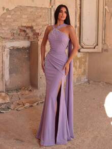 Elegant Halter Neck Pleated Rhinestone Evening Dress, Backless Design With Adjustable Straps Wedding Party - Dusty Pink - View 5