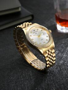 RICECGO 1pc Classic Men's Quartz Watch With Dual Calendar Display, Business Casual Steel Band Wristwatch, Fashionable And Reliable, Suitable As Father's Gift - Gold - View 5