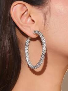 1 Pair European And American Style Rhinestone Hoop Earrings For Women, Exaggerated Elegant Full Rhinestone Super Sparkling Evening Party Earrings - Silver - View 1