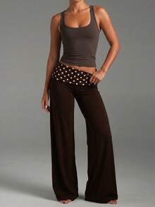 Pantalones acampanados de cintura ancha con lunares casuales para mujer, leggings de cintura alta plisados y estilizadores - Lunares marrones - Ver 9
