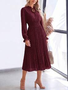 PRETTYGARDEN Women's Spring Fall Midi Dress Casual Long Sleeve V Neck Swiss Dot Pleated A Line Flowy Dresses New Years Party Valentine Vacation Dresses For Women - 深酒紅 - 查看 4