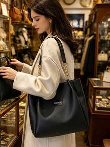 Large Capacity Chain Strap Tote Bag, Women's Minimalist PU Leather Shoulder Bag, Solid Color Commute & Daily Handbag - Black - View 3