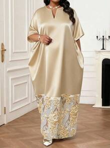 SHEIN Lady Autumn And Winter Elegant Modest Gold Dress V Neck Plus Size Solid Color & Printed Patchwork Short Sleeve Dress  Women Sparkly Dress Floral Dress - Apricot - View 2