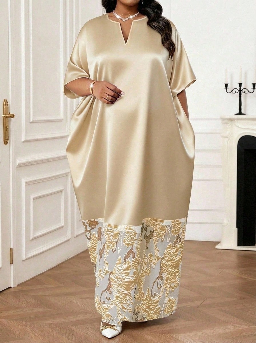 SHEIN Lady Autumn And Winter Elegant Modest Gold Dress V Neck Plus Size Solid Color & Printed Patchwork Short Sleeve Dress  Women Sparkly Dress Floral Dress