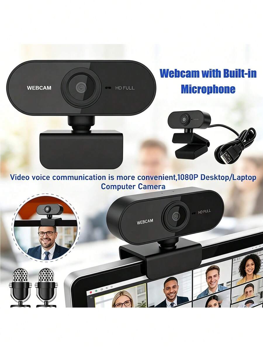1080P Full HD Auto Focus Webcam, Built-In Microphone And Privacy Cover, USB Plug And Play Computer Camera, 360° Rotatable Clip-On Webcam, Suitable For Online Meetings, Online Classes, Live Streaming, Video Calls
