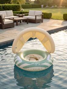 Pink & White Striped Inflatable Baby Swim Ring With Detachable Sun Canopy, Handle Toddler Pool Float, Kids Summer Style - Multicolor - View 10