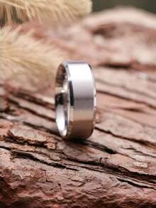 1pc Fashion Men's 8mm Wide Stainless Steel Plain Matte Ring - Silver - View 3