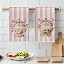 2pcs Striped Afternoon Tea Enamel Jar Pattern Kitchen Towels, Rectangular Microfiber Kitchen Towels, Dishcloths, Scouring Pads, Hand Towels, Cooking Baking Tea Towels, Kitchen Decor, Housewarming Gifts, Birthday Gifts, Bathroom Cleaning Wipes, Decorative Towels - Multicolor - View 6