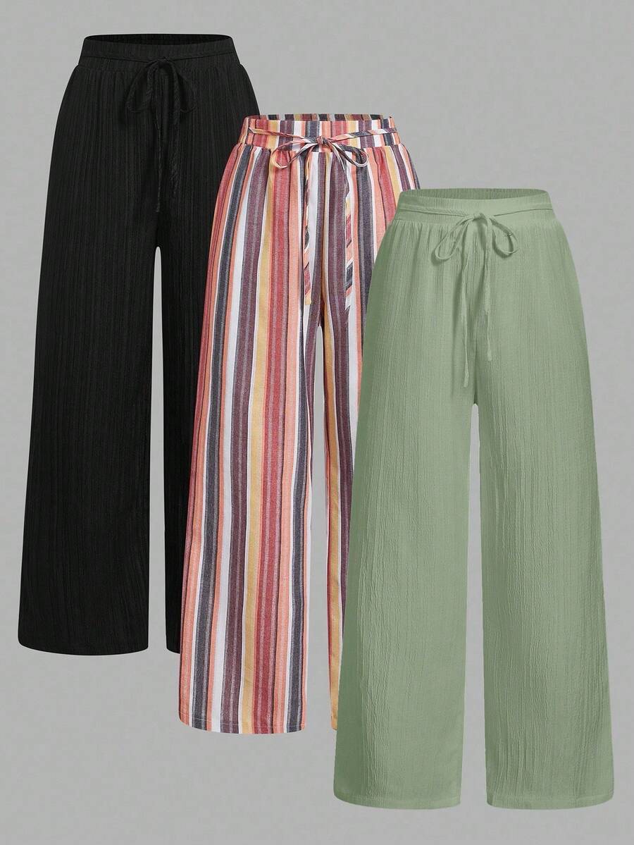 Set Of 3 High-Waisted Loose Straight-Leg Trousers With Drawstring And Pockets, Solid Color And Versatile, Suitable For Spring/Summer - Champagne - View 1