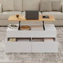 Coffee Table 100 X 50 X 40 Cm, Height-Adjustable Coffee Table With Concealed Storage, Living Room Table With 2 Drawers, Side Table With Semi-Open Storage, White And Wood Bedside Table. - White - View 8