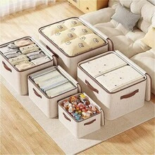 Juego de cajas de almacenamiento de tela beige con ribete marrón, diseño con cremallera y asas de cuero. Adecuado para la organización del hogar y el armario, cajas rectangulares de textura de lino duradero con tapas y asas dobles - Multicolor - Ver 4