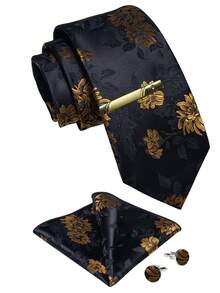 4PCS Men's Business Black Gold Floral Necktie Set With Tie Clip, Suit For Daily Office Meetings, Regular Formal Events And Men Gift - Black - View 1