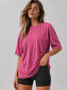 Women's Loose Oversized Dropped Shoulder Purple Solid Color T-Shirt Short Sleeve Round Neck Top Summer Casual Shirt Y2K 2026 Basic Style - Purple - View 5