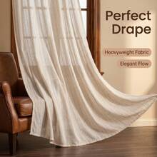 1pc Vintage Style Linen Apricot Tulle Curtain, Simple Vintage Striped Pattern - Rod Pocket Design, Easy To Hang, Perfect For Bedroom, Living Room/Study Or Office Home Decor - Multicolor - View 8