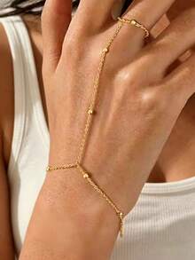 1pc Gold-Color European And American Style Metal Ball Chain Linked Finger Ring Bracelet, Unique Design, Suitable For Summer Beach Wear - Gold - View 3