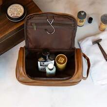 1pc Personalized Men's Leather Toiletry Bag, Customizable Name, Waterproof Shaving Bag, Hanging Cosmetic Bag, Perfect Gift For Groomsmen And Father's Day - Multicolor - View 5