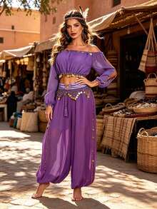 Belly Dance Performance Costume Off-Shoulder Chiffon Top + Coin Harem Pants, Handmade Style Festival Outfit Suitable For Fusion, Exotic Theme Events And Renaissance Fairs (Multiple Colors Available) - Multicolor - View 14