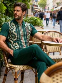 Men's American Retro Totem Print Short Sleeve Shirt & Cropped Pants 2 Piece Set, Classic Polo Collar Half Zip Up Short Sleeve Shirt, Casual Matching - 混合色 - 查看 6