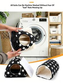 2 piezas Cama para hámster con patrón de estrellas negras, túnel para cobaya, escondite para conejo, nido cálido lavable para mascotas pequeñas con túnel para cobaya, set de accesorios para jaula de escondite para conejo, adecuado para hámsters, hurones, conejos - Negro - Ver 10