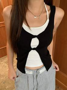 Women's 2 In 1 Casual Versatile Daily Wear Tank Top Summer - Black and White - View 1