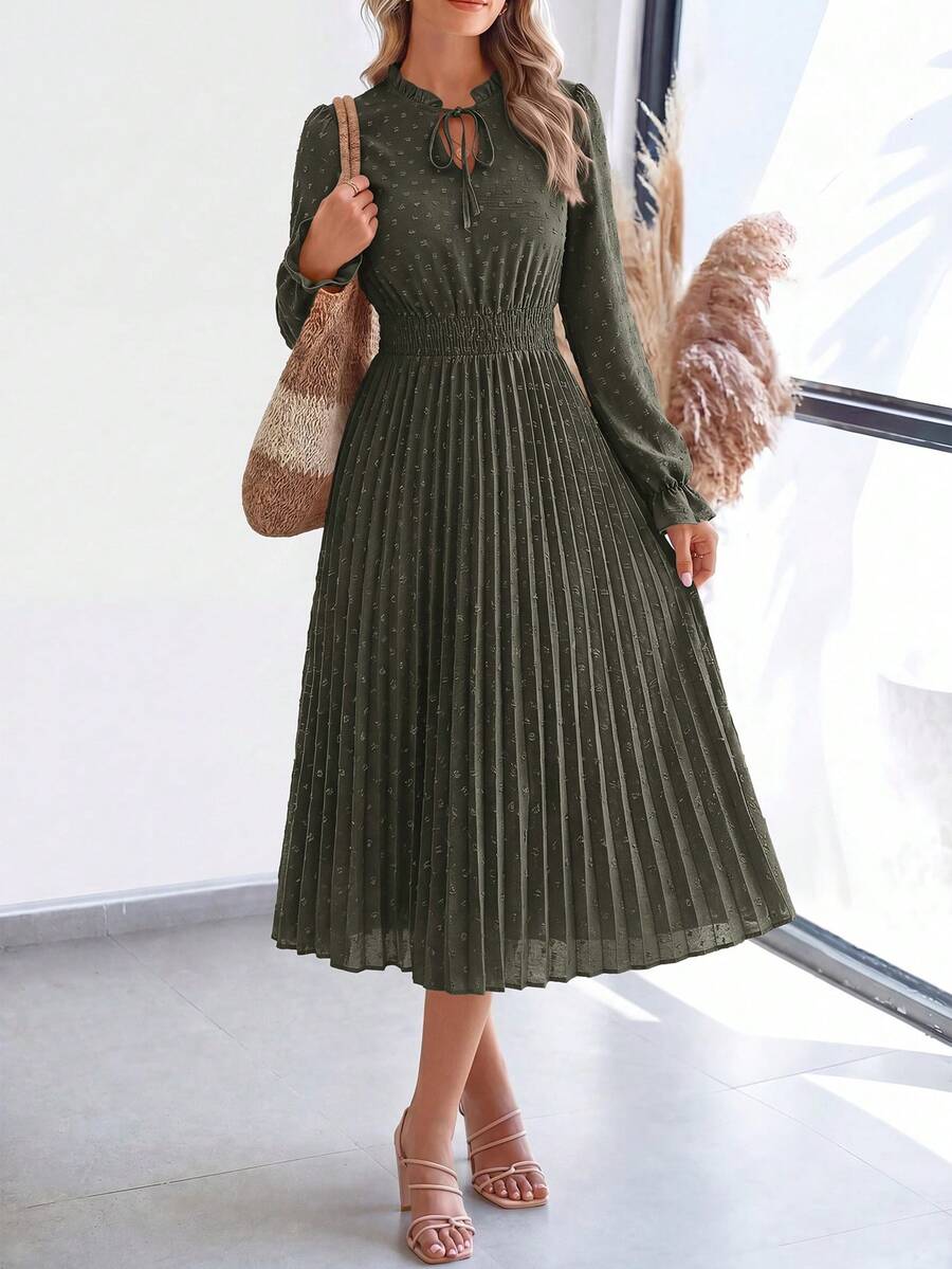 PRETTYGARDEN Women's Spring Fall Midi Dress Casual Long Sleeve V Neck Swiss Dot Pleated A Line Flowy Dresses New Years Party Valentine Vacation Dresses For Women - 軍綠色 - 查看 1