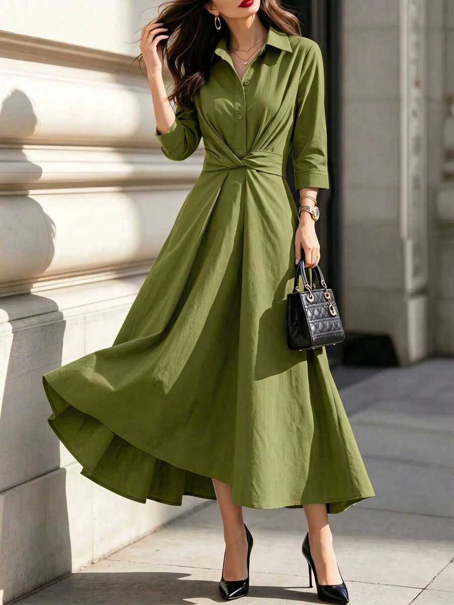 Elegant Fall Maxi Dress With Shirt Collar & Multi-Tie Waist Design, Suitable For Daily Office And Formal Occasions, Autumn Dress