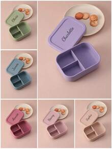 Personalized Silicone Bento Box, Customizable Name Portable Divided Lunch Box, Back To School Essential, Unisex, 3-Compartment Design, Convenient Meal Storage, Suitable For Work, Study And Outdoor Carry, Fashionable Back To School Gift, Travel Storage Box - Multicolor - View 2