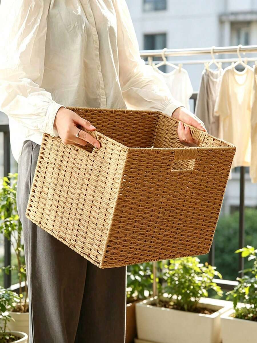 1pc Hand-Woven Storage Box Oriental Zen Wabi-Sabi Style Simple Solid Color Foldable Space-Saving Natural Material Storage Box Storage Basket Desktop TV Cabinet Wardrobe Storage Supplies