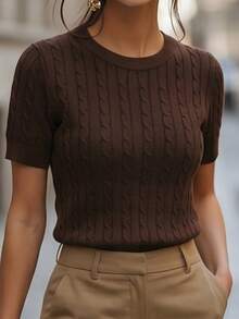 Atasan Pullover Rajut Leher Bulat Kasual Wanita, Elegan untuk Berpergian, Gaya Jalanan, dan Sekolah, Musim Semi/Panas - Coklat - View 4