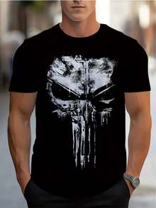 Men'S Black Skull Print T-Shirt - Lightweight And Durable Polyester, Featuring A Unique White Skull Design With Geometric Patterns. Perfect For Casual - Black - View 1