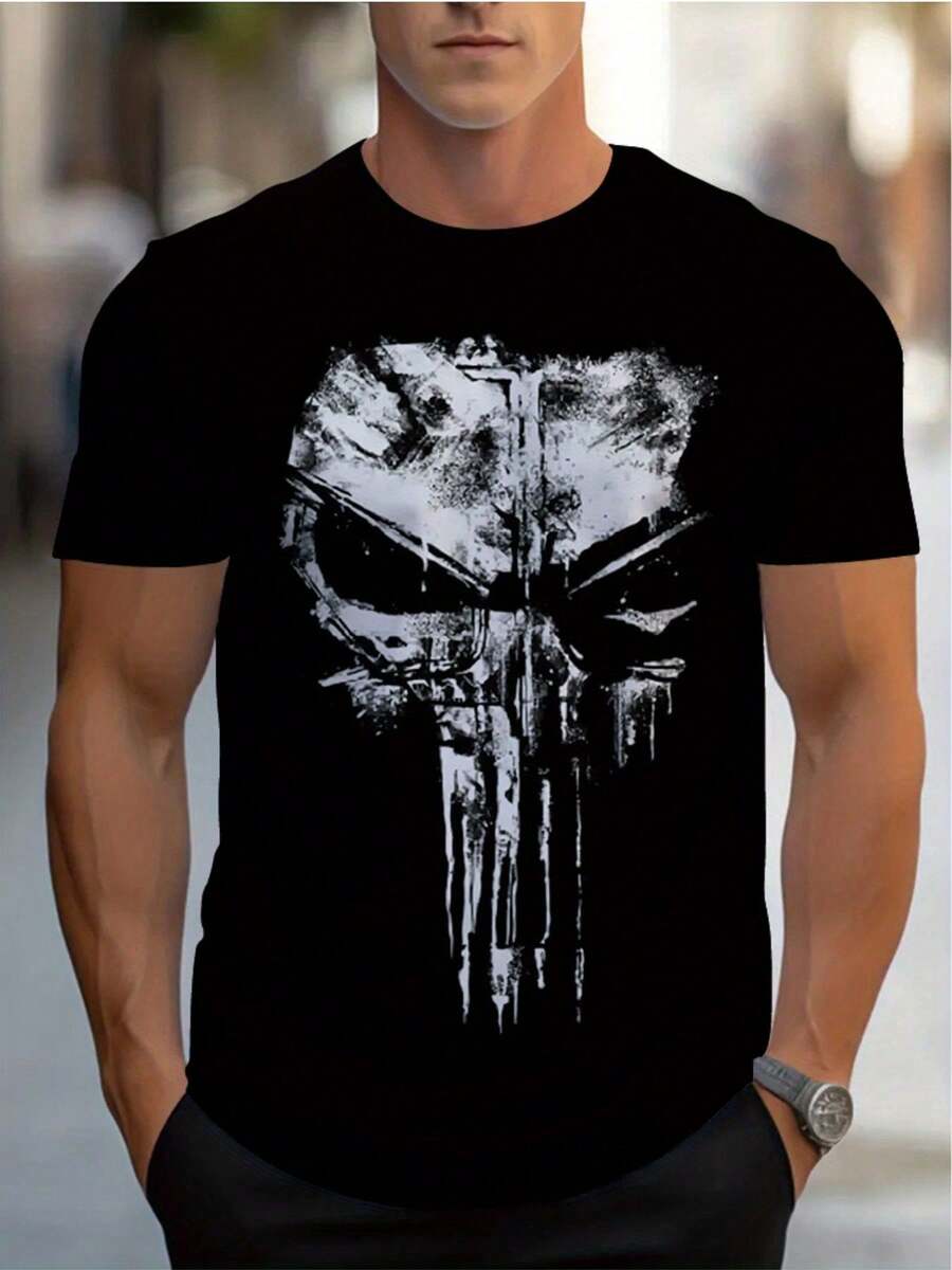 Men'S Black Skull Print T-Shirt - Lightweight And Durable Polyester, Featuring A Unique White Skull Design With Geometric Patterns. Perfect For Casual - Black - View 1