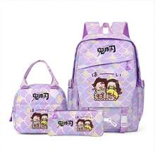 Miniso Demon Slayer 3-In-1 Backpack Set, Casual Daypack With Tote Bag And Pencil Pouch, Tanjiro Nezuko Zenitsu Inosuke Chibi Group Purple Mermaid Scale Print L - Mauve Purple - View 4