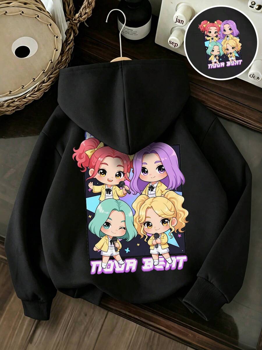 Sudadera con estampado de dibujos animados para niña preadolescente - Negro - Ver 1