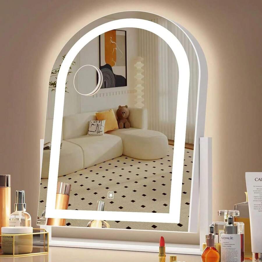Gvnkvn Espejo de maquillaje arqueado con luces, espejo de maquillaje LED de 17.2 pulgadas desmontable de aumento 10X, espejo de maquillaje con iluminación, toque inteligente, rotación de 360 - Blanco arqueado - Ver 1