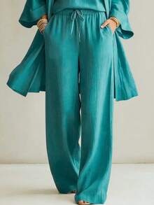 2026 New Women's Spring/Summer Resort Style Solid V-Neck Long Pants Three-Piece Set, Elegant Women's Ensemble, Comfortable Casual, Office Fashion - 寶藍色 - 查看 2