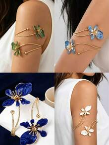 1Pc Adjustable Open Floral Enamel Arm Cuff, Multi-Color Swirl Petal With Gold Stamen,Women's Beach & Festival Statement Jewelry - Flowers - View 1