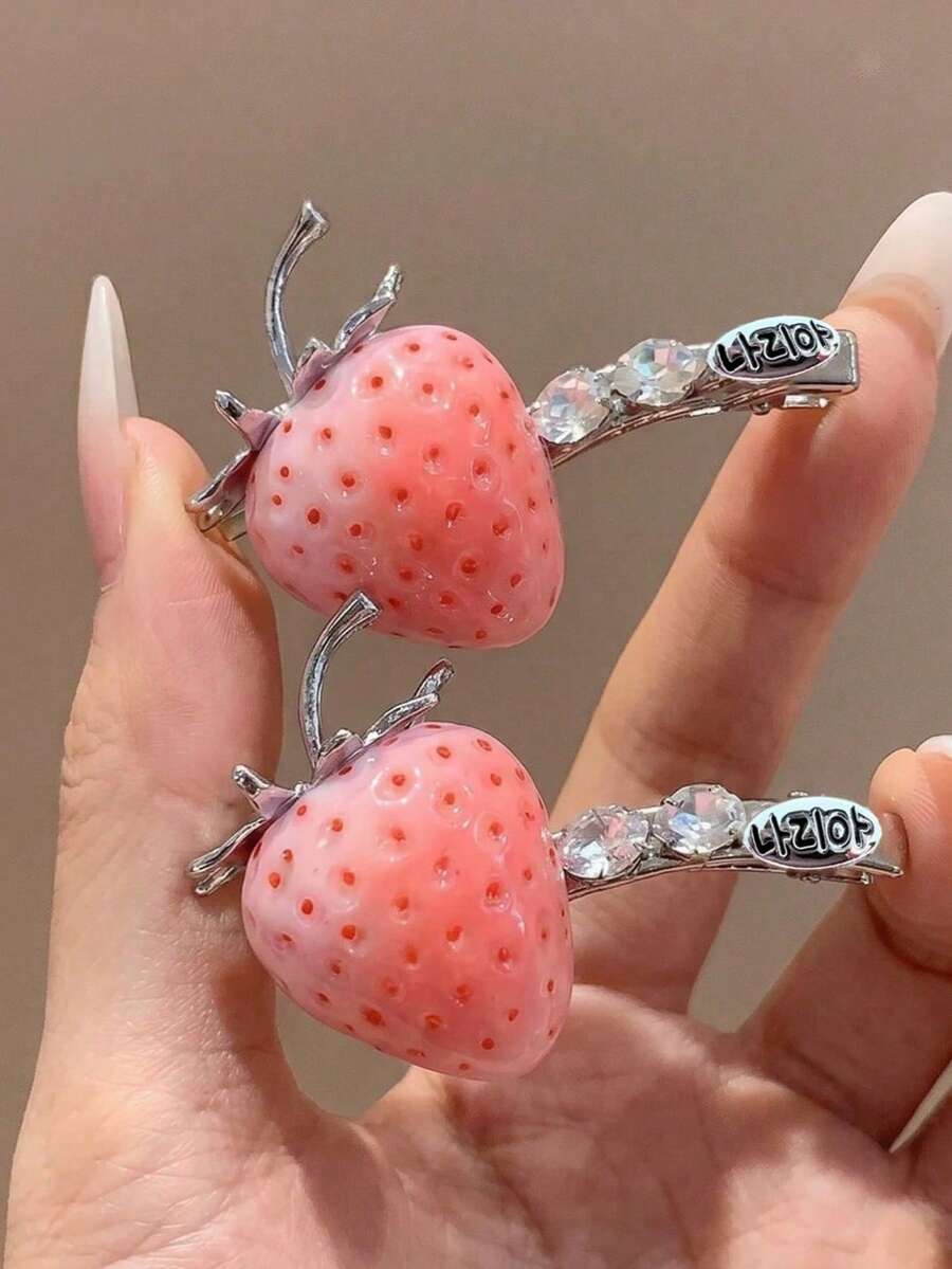 2件組甜美草莓3D水鑽珍珠女用髮夾,高端鱷魚夾劉海夾,可愛時尚、優雅甜美,適合日常使用、節日聚會、派對、度假、海灘,節日禮物髮飾 - 粉色 - 查看 1