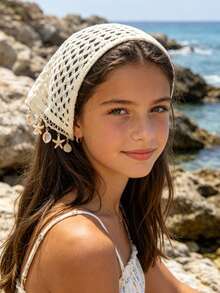 1pc Early Autumn Kids Beach Vacation Style Cream White Hollow Crochet Triangle Headband With Starfish Shell Conch Pendant Tassel Knitted Headscarf Sweet Girl Beach Photo Cute Hair Accessory - White - View 3