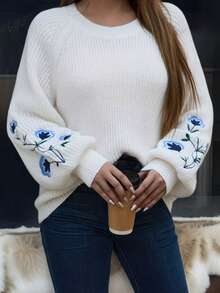 大尺碼白色花卉刺繡針織上衣，優雅休閒大尺碼圓領女款毛衣，適合秋季 - 米色 - 查看 5