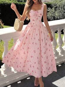 Perirose Women's Pink Floral Cottagecore Sweetheart Neck Ruched Bust Tie Front Wide Strap Fit And Flare Midi Dress Summer Fall Garden Party Vacation - Pink - View 4