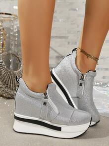 9cm Hidden Height Increase Thick Sole Casual Shoes With Double Side Zippers, Versatile Platform Sneakers - Silver - View 6