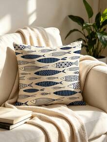 1pc Blue Fish Pattern Pillowcase - Decorative Square Cushion Cover, Suitable For Sofa Or Bed Use, Single-Sided Design, No Built-In Core, Machine Washable, Zipper Closure, Cute Ocean Style (Pillow Insert Not Included) - Multicolor - View 5