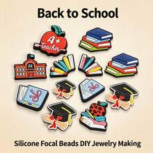 13/24 Stücke/Set Abschluss Silikon Perlen - Buch, Kappe, Schul-Fokus Mix + Abstandshalter Perlen, DIY Schmuck Handwerk für Stift, Schlüsselanhänger, Ausweisband, Unisex Geschenk - Silikon-Fokusperlen - Übersicht 2