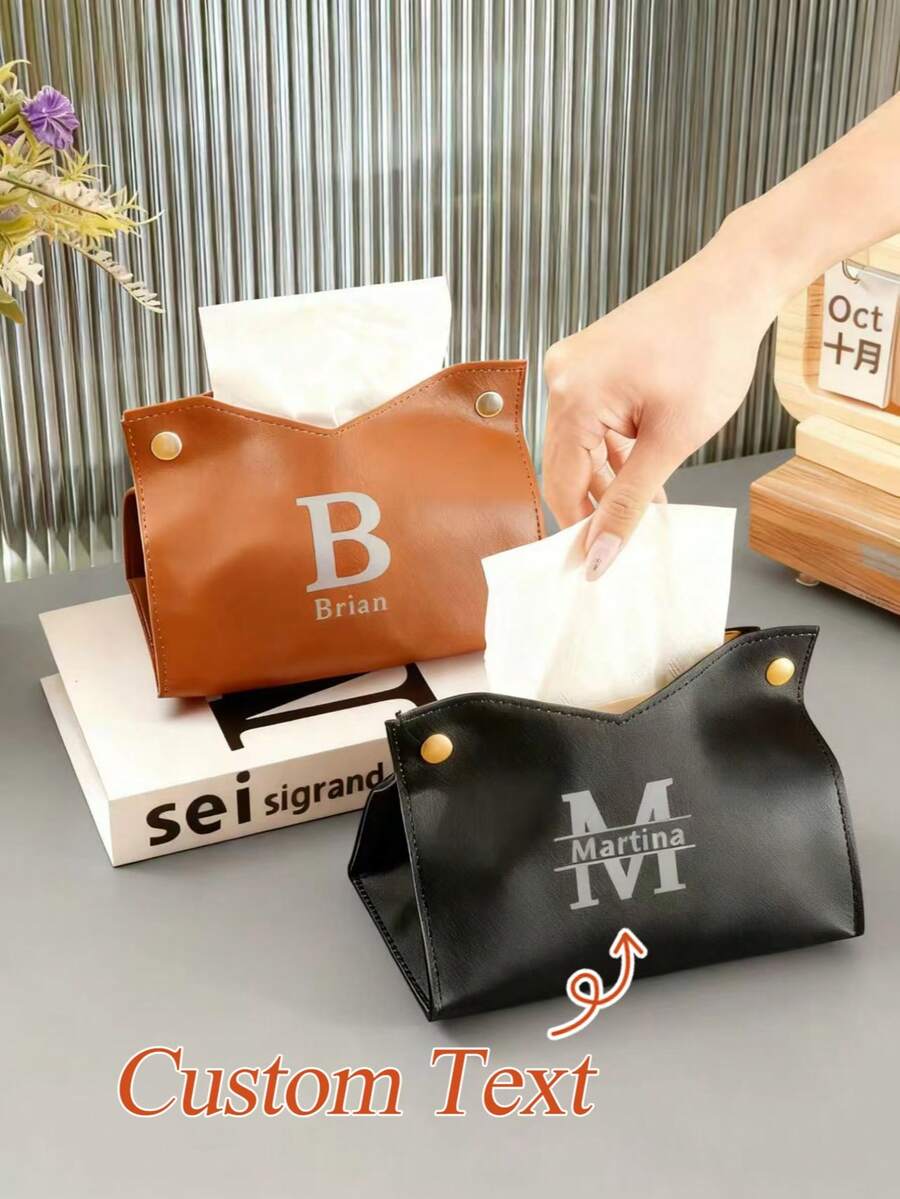 1 Peça Caixa de Lenços de Couro Personalizada, Impressão de Nome Personalizado, Design à Prova de Poeira, Adequado para Mesa da Sala de Estar, Armazenamento de Lenços no Carro, Suprimentos para Festa, Presente do Dia das Mães, Acessórios de Costura Feitos à Mão Artísticos, Estilo Boêmio - Multicolorido - Visão 1